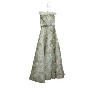 Strapless Green Floral A-Line Crinoline Gown Prom Formal Evening Dress-Size 2